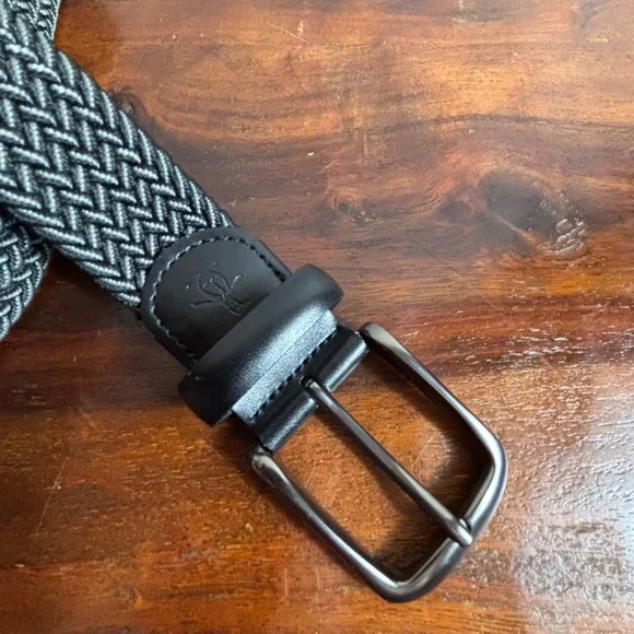 Original Penguin Mens Braided Elastic Web Belt Black Grey Leather Trim HN86103 M - Picture 2 of 5